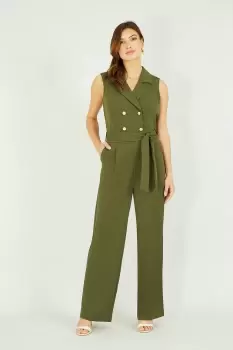 Khaki Military Button Jumpsuit With Pockets