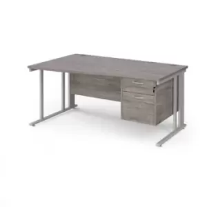 Maestro 25 left hand wave desk 1600mm wide with 2 drawer pedestal - silver cable managed leg frame and grey oak top