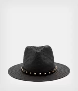 AllSaints Womens Paige Studded Straw Fedora Hat, Black