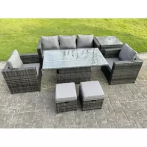 Fimous 5 Seater Outdoor Dark Grey Rattan Lounge Complete Sofa Set with Adjustable Dining Table and 2 Stools