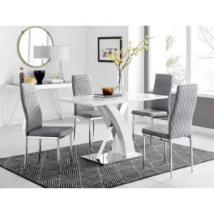 Furniture Box Atlanta 4 White Dining Table and 4 Grey Velvet Milan Chairs