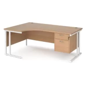 Office Desk Left Hand Corner Desk 1800mm With Pedestal Beech Top With White Frame 1200mm Depth Maestro 25 MC18ELP2WHB