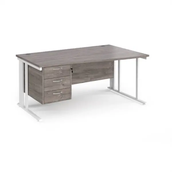 Maestro 25 right hand wave desk 1600mm wide with 3 drawer pedestal - white cable managed leg frame, grey oak top