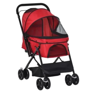 PawHut Pet Stroller Dog Cat Travel Pushchair Foldable Jogger with Reversible Handle EVA Wheel Brake Basket Adjustable Canopy Safety Leash Red