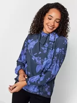 M&Co Floral Bow Neck Bubble Hem Blouse, Blue, Size 18, Women