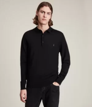 AllSaints Mens Merino Wool Lightweight Slim Fit Mode Long Sleeve Polo Shirt, Black, Size: XS