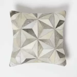 Homescapes - Geometric Star Grey Leather Cushion 45 x 45cm - Grey & Cream