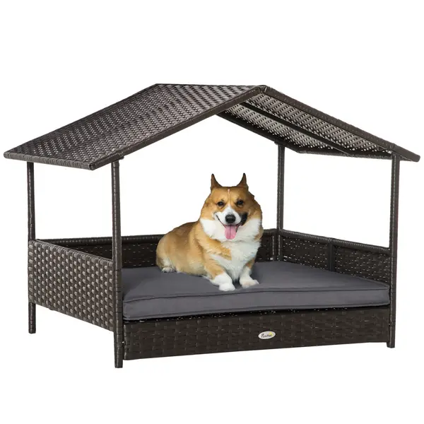 PawHut Rattan Dog House, Elevated Wicker Pet Bed Lounge with Removable Cushion and Canopy, for Small and Medium Dogs, 98 x 69 x 73cm - Grey