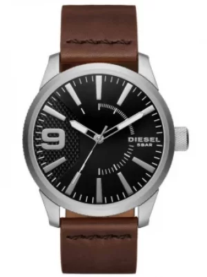 Diesel Mens Rasp Black Dial Dark Brown Leather Strap Watch DZ1802