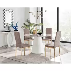 Furniture Box Palma White Marble Effect Round Dining Table and 4 Cappuccino Milan Gold Leg Chairs