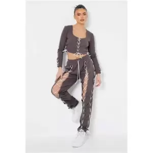 I Saw It First Charcoal Lace Up Detail Soft Touch Tracksuit - Grey