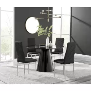 Furniturebox Palma Black Semi Gloss 120cm Round Minimalist Dining Table & 4 Black Milan Chrome Leg Chairs