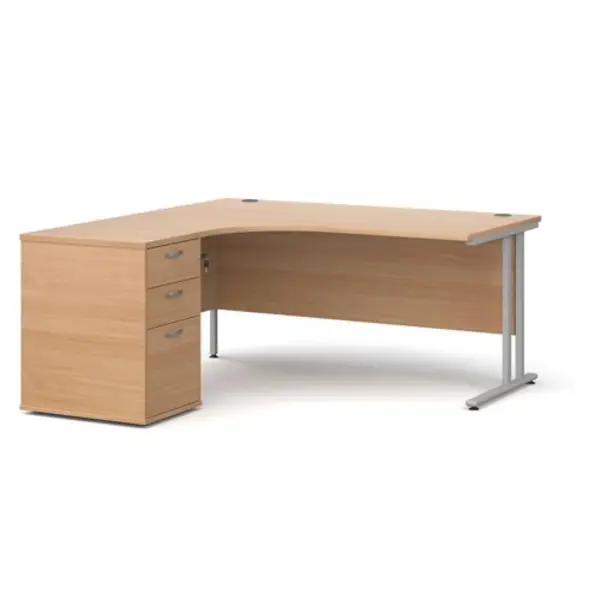 Office Desk Left Hand Corner Desk 1600mm With Pedestal Beech Top With Silver Frame Maestro 25