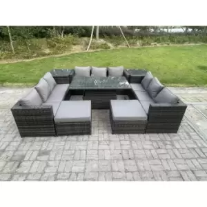 Fimous 9 Seater Dark Grey Outdoor Wicker PE Rattan Dining Sofa Complete Set with Adjustable Table, 2 Side Tables and 2 Footstools