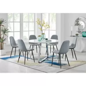 Furniture Box Santorini White Round Dining Table and 6 Grey Corona Black Leg Chairs