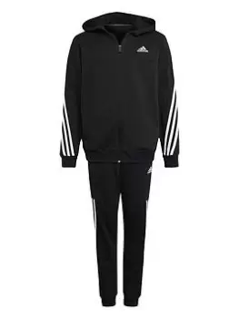 adidas Junior Boys 3 Stripe Full Zip Hood Tracksuit, Black, Size 9-10 Years