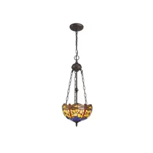 2 Light Uplighter Ceiling Pendant E27 With 30cm Tiffany Shade, Blue, Orange, Crystal, Aged Antique Brass