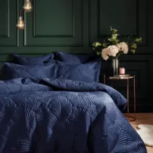 Paoletti Palmeria Velvet Quilted Duvet Cover Set (Single) (Navy)