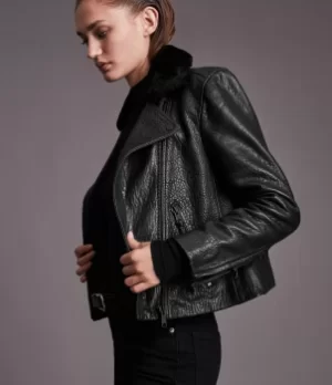 AllSaints Womens Dalby Bubble Leather Biker Jacket, Black, Size: 8