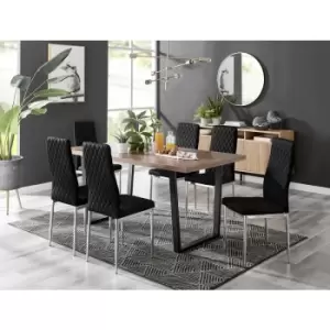 Furniturebox UK - Furniturebox Kylo Brown Wood Effect Dining Table & 6 Black Milan Velvet Dining Chairs Diamond Stitch Modern Contemporary Chrome