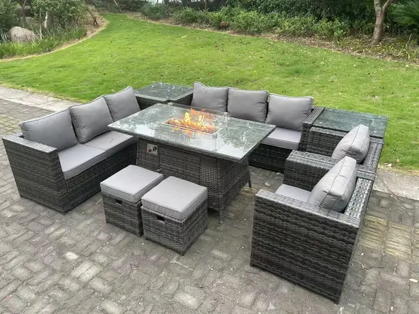 Fimous 8 Seater Outdoor Dark Grey Rattan Lounge Complete Sofa Set with Gas Firepit and 2 Big Footstools