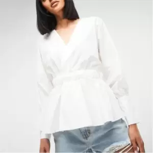 Missguided Wrap Front Cinched Waist Blouse - White