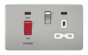 KnightsBridge 2G 45A DP 230V Screwless Brushed Chrome Switch With Neon and Socket - White Insert