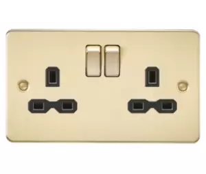 KnightsBridge Flat plate 13A 2G DP switched socket - brushed brass with Black insert