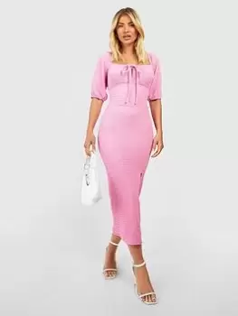 Boohoo Textured Rouched Midi Dress - Pink, Size 16, Women