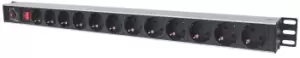 Vertical Rackmount 12-Way Power Strip - German Type - With On/Off Switch and Overload Protection - 1.6m Power Cord (Euro 2-pin plug) - 1U - Horizontal