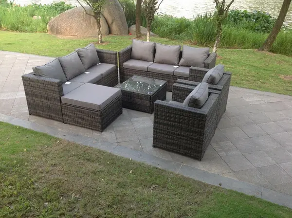 Fimous 8 Seater Outdoor Dark Grey Rattan Lounge Complete Sofa Set with Big Footstool