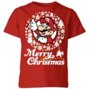 Nintendo Super Mario Merry Christmas White Wreath Kid's T-Shirt - Red - 3-4 Years