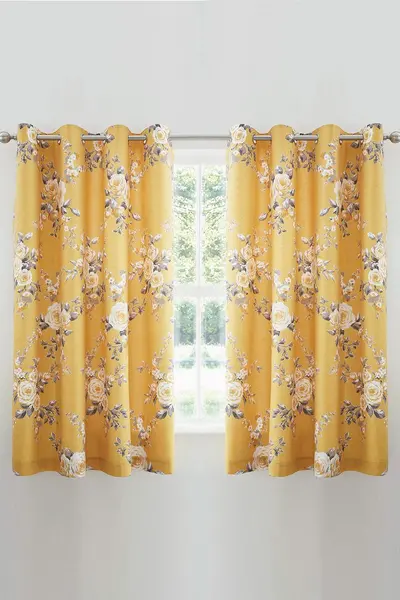 Catherine Lansfield 'Canterbury' Floral Eyelet Curtains Mustard