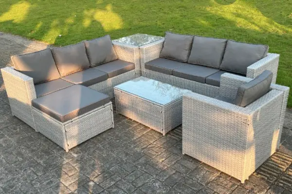 Fimous 7 Seater Outdoor Light Grey PE Rattan Lounge Complete Sofa Set with Square Coffee Table and Big Footstool