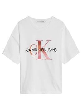 Calvin Klein Jeans Girls Distorted Monogram T-Shirt - White, Size Age: 12 Years, Women