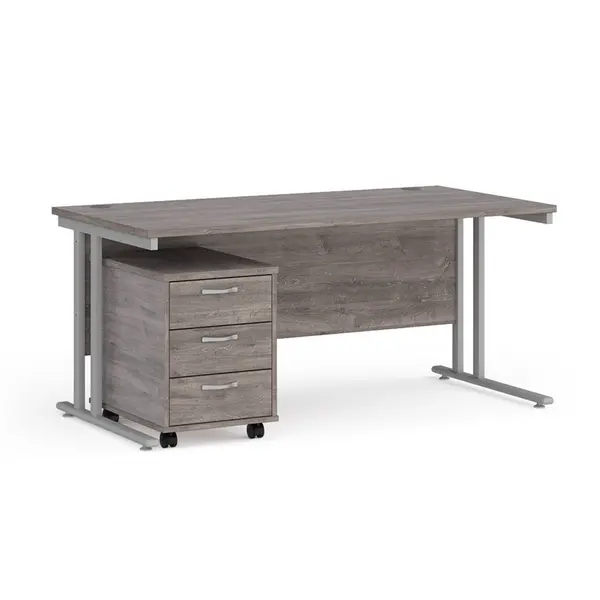 Maestro 25 Straight Desk Silver Frame Grey Oak Table Top and 3 Drawer Pedestal - 1600mm