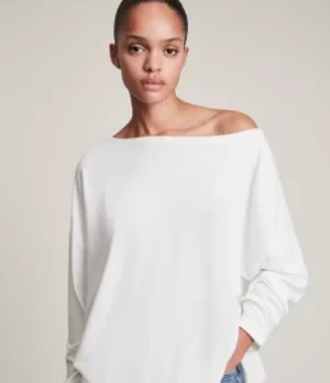 AllSaints Womens Contemporary Rita Oversized Dropped Shoulder Long Sleeve Top, White, Size: XS