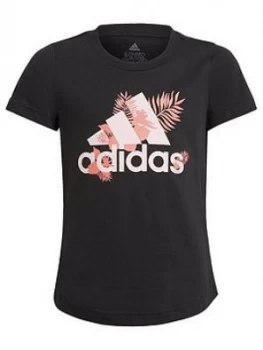 Adidas Girls Junior Tropical Badge Of Sport Girls Tee, Black, Size 7-8 Years, Women