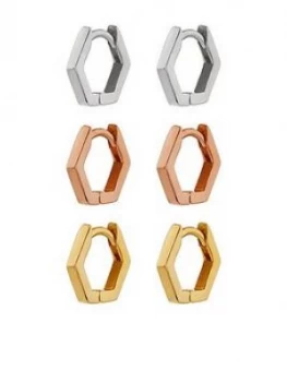 Accessorize Z 3x Mixed Plate Hexagon Huggie Hoops - Metallic, Women