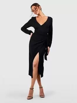 Boohoo Textured Wrap Midi Dress - Black, Size 14, Women