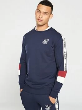 SikSilk Retro Panel Crew Neck Sweatshirt - Navy, Multi, Size XL, Men