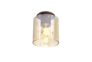 Round Ceiling Flush, 1 Light Flush Fitting E27, Mocha, Amber Glass