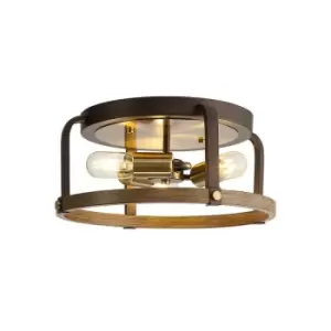 Luminosa Lighting - Luminosa Goshen Flush Round 3 Light E27, Antique Bronze, Brown Oxide, Wood