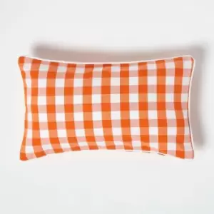 Orange Block Check Cotton Gingham Cushion Cover, 30 x 50cm - Orange - Homescapes