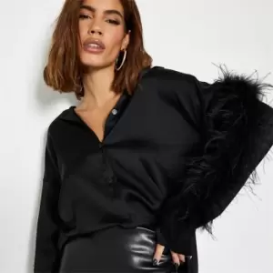 I Saw It First Satin Feather Sleeve Shirt - Black