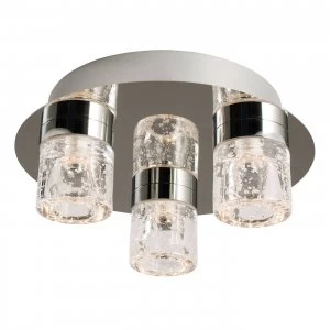 3 Light Bathroom Flush Ceiling Light Chrome, Clear Glass with Bubbles IP44