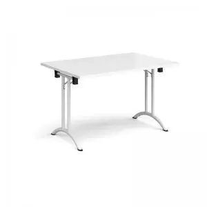 Rectangular folding leg table with white legs and curved foot rails