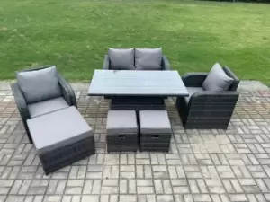 Fimous 4 Seater Outdoor Dark Grey Rattan Lounge Complete Sofa Set with Height Adjustable Table, 2 Stools and Big Footstool