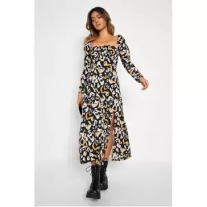 I Saw It First Smudge Print Square Neck Puff Sleeve Midi Dress - Brown