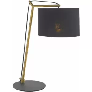 Brass Plated Angular Table Lamp Light - Black Base & Cotton Shade - Desk Light